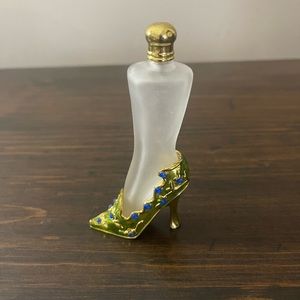 Perfume Bottle Green High Heel Shoe Frosted Glass Blue Rhinestone Gold Tone 4"